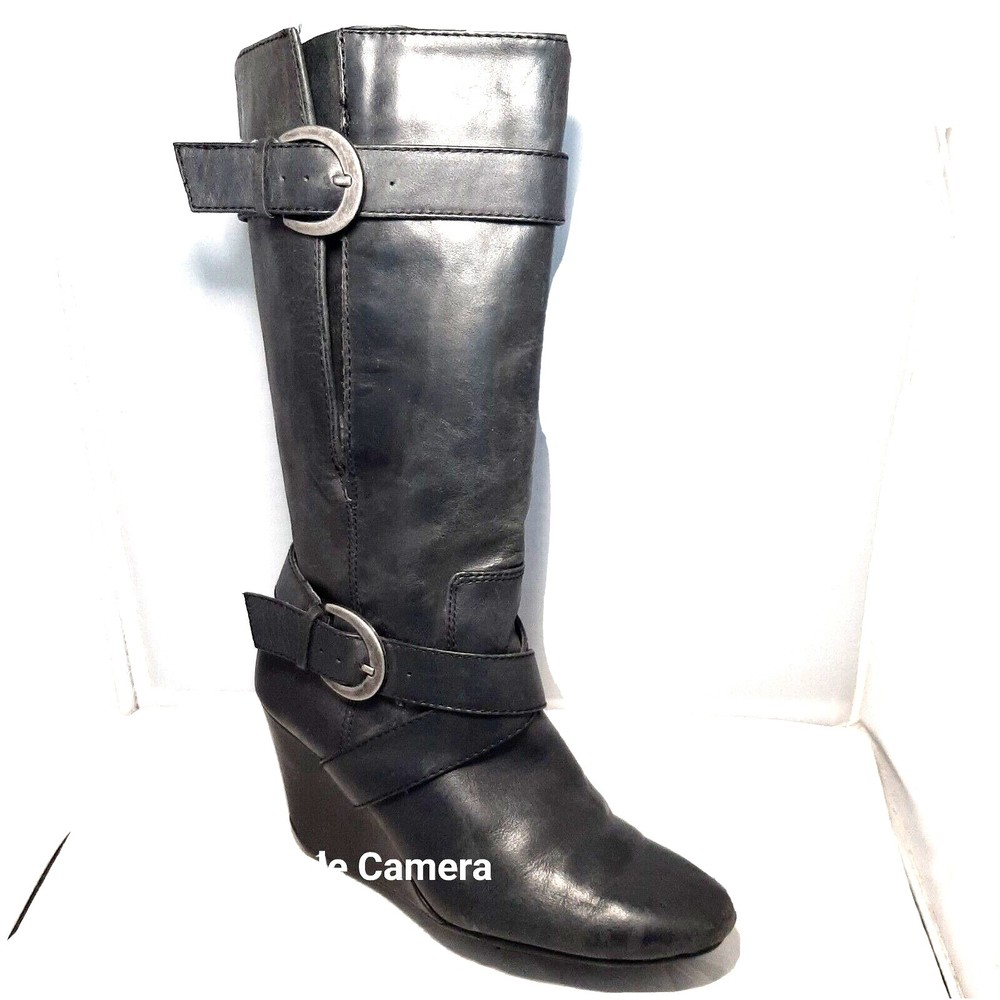 Kenneth Cole Reaction Black Leather Wedge Heel Boots Size 6.5 Break The Ice Gift